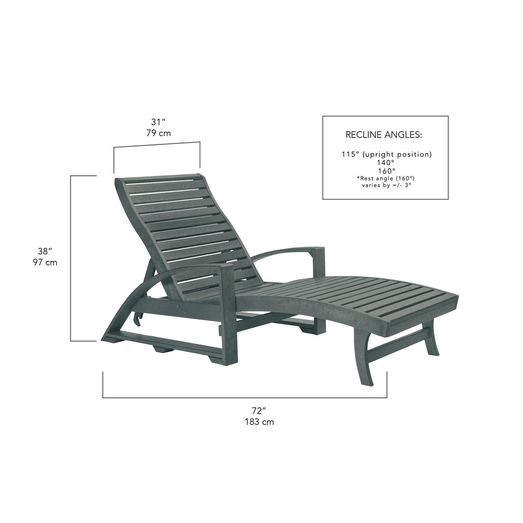 Chaise Lounge L38 mit verdeckten Rollen – Sonnenliege aus Recyclingkunststoff slategrey